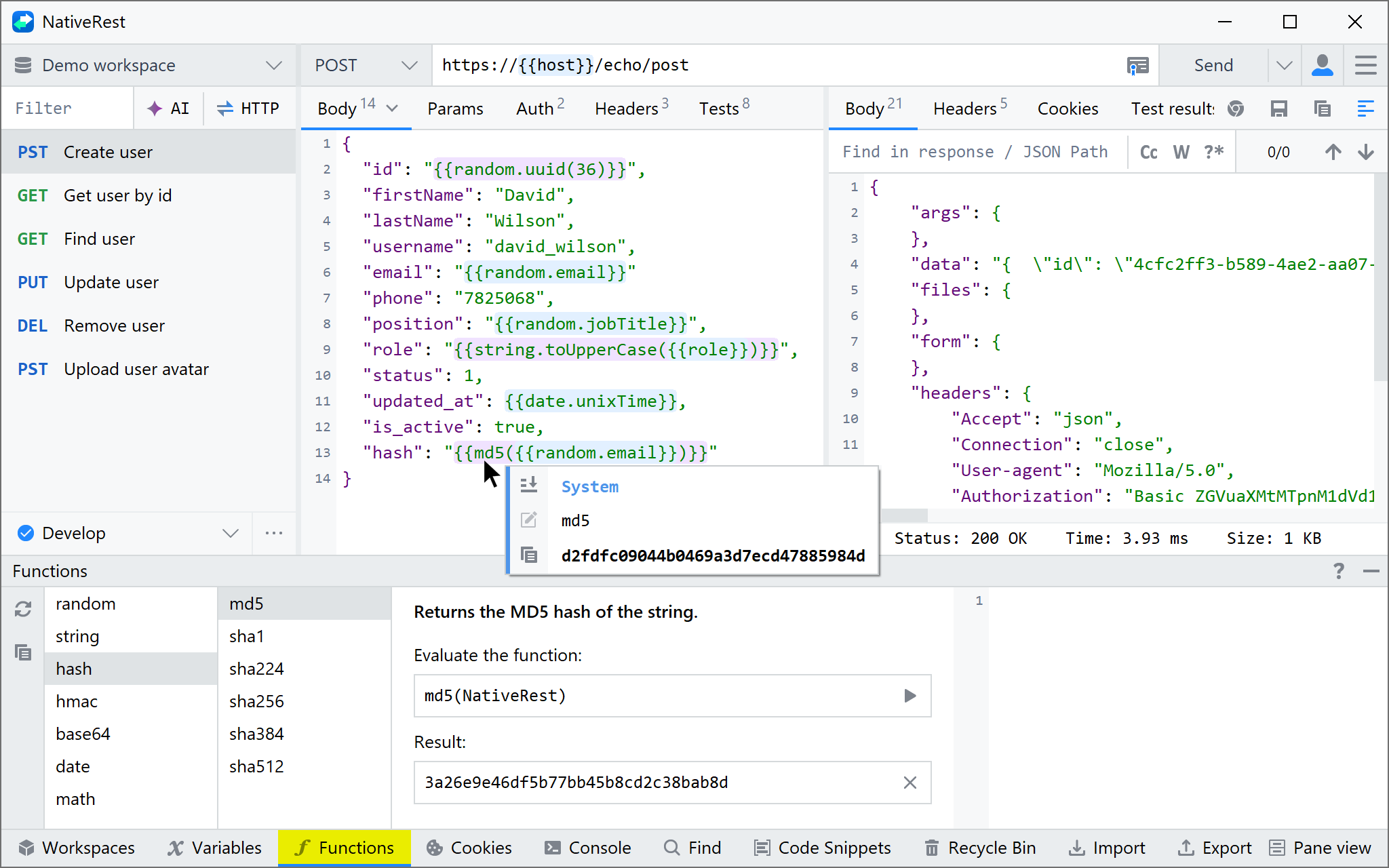 NativeRest Functions panel
